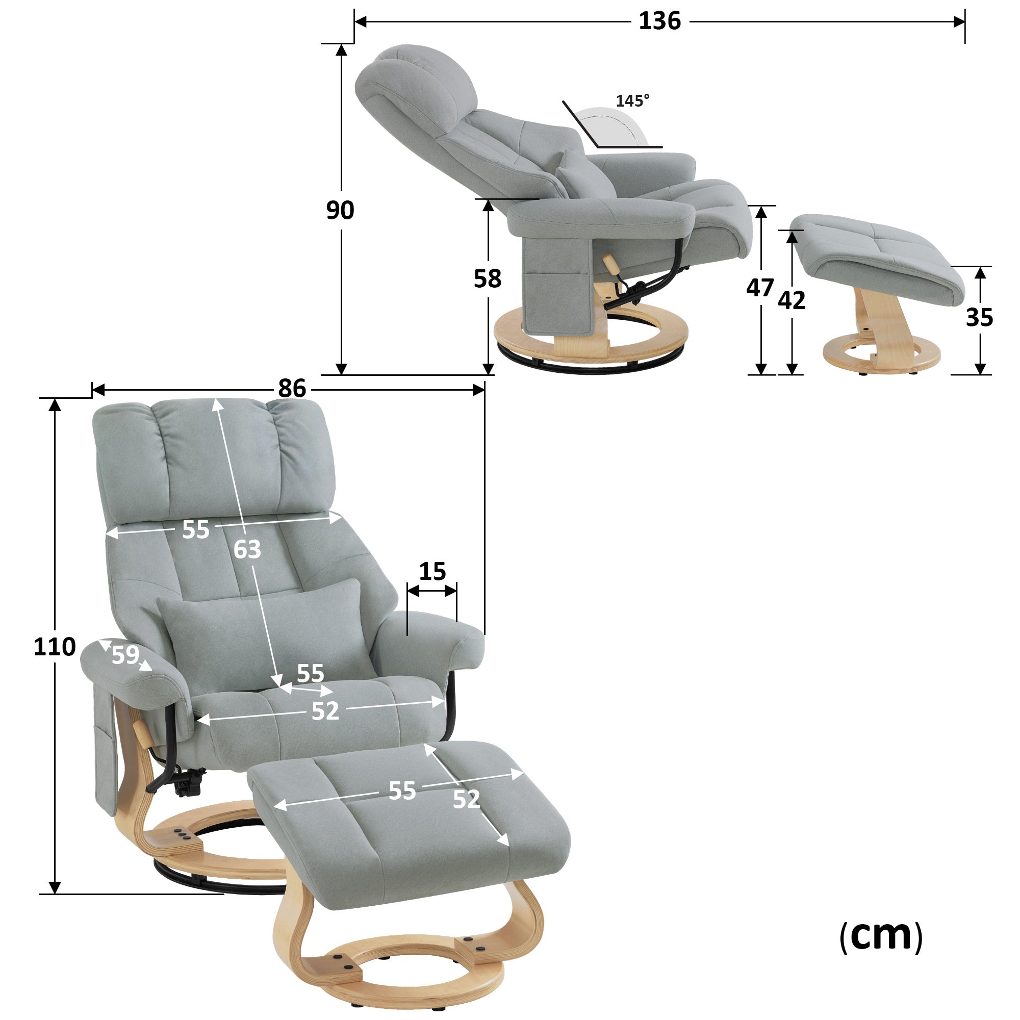 M MCombo Relaxsessel mit Hocker, 360° Drehbarer Fernsehsessel mit Liegefunktion, bis 120 Kg Belastbarer TV-Sessel, Moderner Ruhesessel für Wohnzimmer, 9066