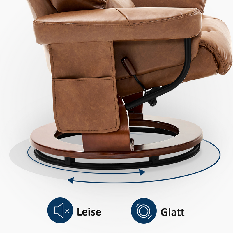 MCombo Relaxsessel mit Hocker 9066, Drehbare Fernsehsessel mit Liegefunktion, Moderner TV-Sessel Stuhl für Wohnzimmer, mit Kissen & Seitentasche, ohne Massagefunktion, 9066