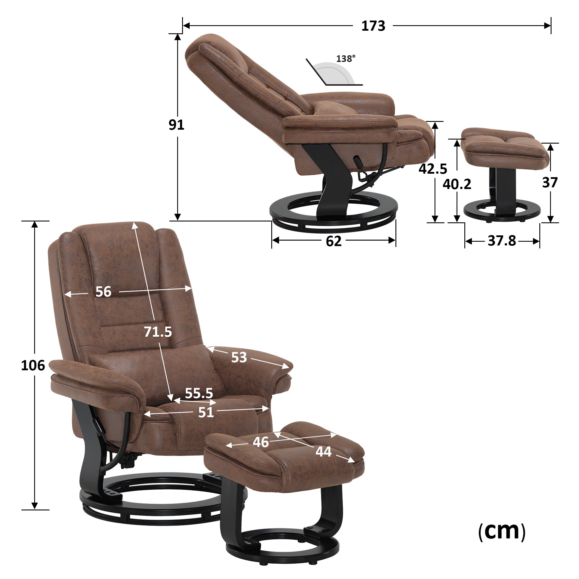 Relaxation chair with reclining function, 360° rotating TV chair with stool, load-bearing TV chair for living room up to 120 kg, with cushion and side pocket, comfortable reading chair, 9099 