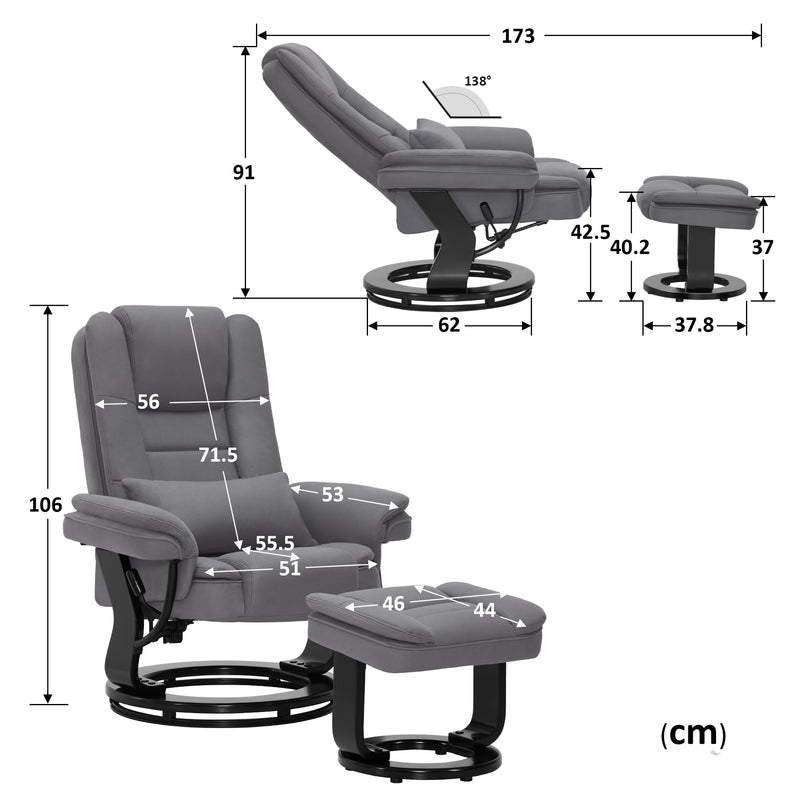 Relaxsessel mit Liegefunktion, 360°Drehbarer Fernsehsessel mit Hocker, bis 120 Kg Belastbarer TV-Sessel für Wohnzimmer, mit Kissen & Seitentasche, Lesesessel Bequem, 9099