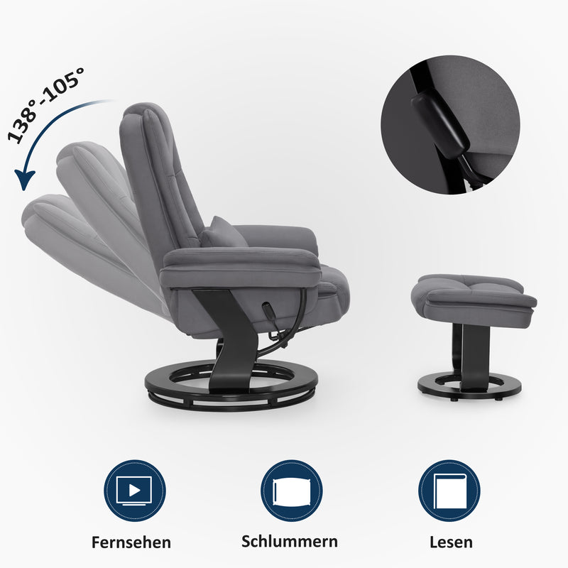 Relaxsessel mit Liegefunktion, 360°Drehbarer Fernsehsessel mit Hocker, bis 120 Kg Belastbarer TV-Sessel für Wohnzimmer, mit Kissen & Seitentasche, Lesesessel Bequem, 9099