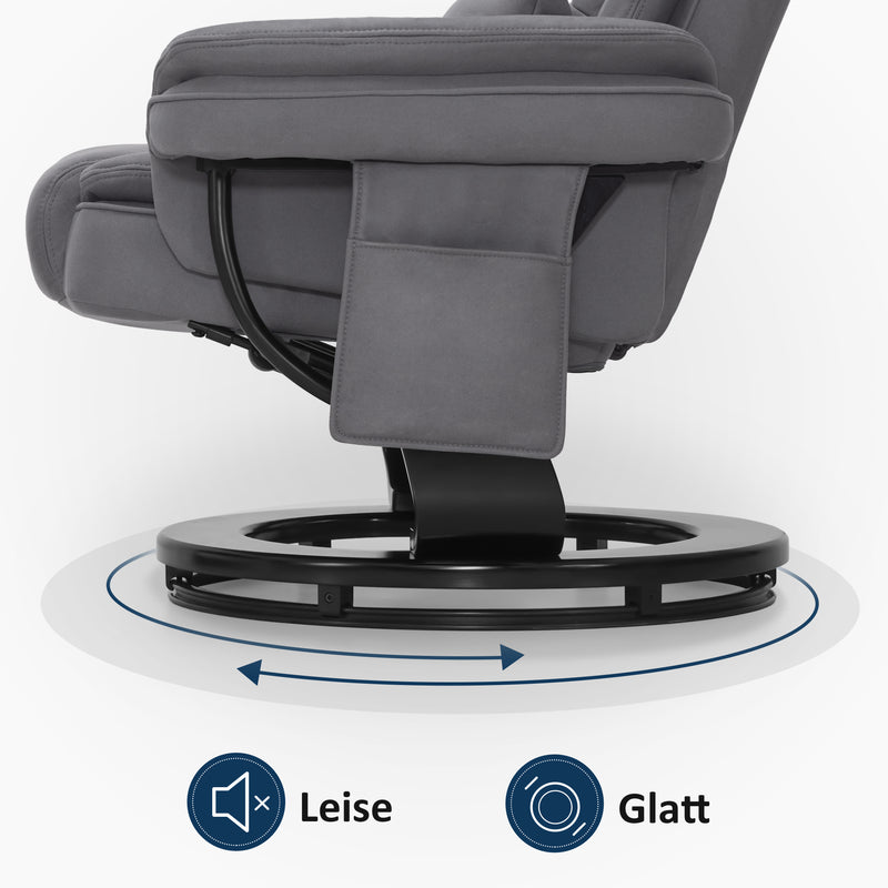 Relaxsessel mit Liegefunktion, 360°Drehbarer Fernsehsessel mit Hocker, bis 120 Kg Belastbarer TV-Sessel für Wohnzimmer, mit Kissen & Seitentasche, Lesesessel Bequem, 9099