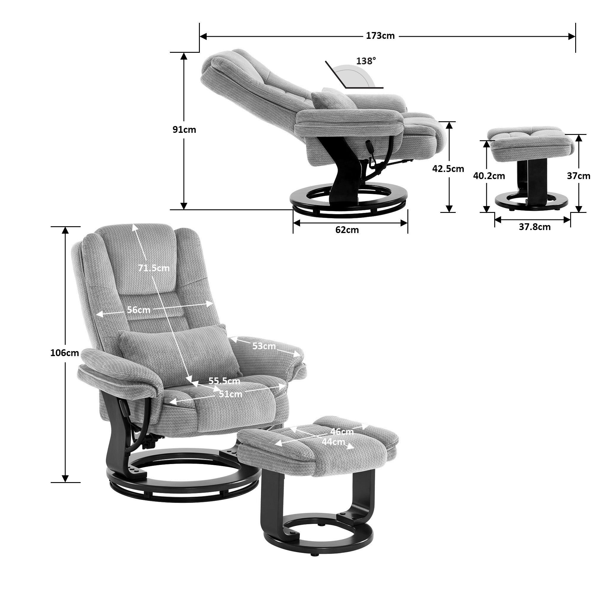 Relaxation chair with reclining function, 360° rotating TV chair with stool, load-bearing TV chair for living room up to 120 kg, with cushion and side pocket, comfortable reading chair, 9099 