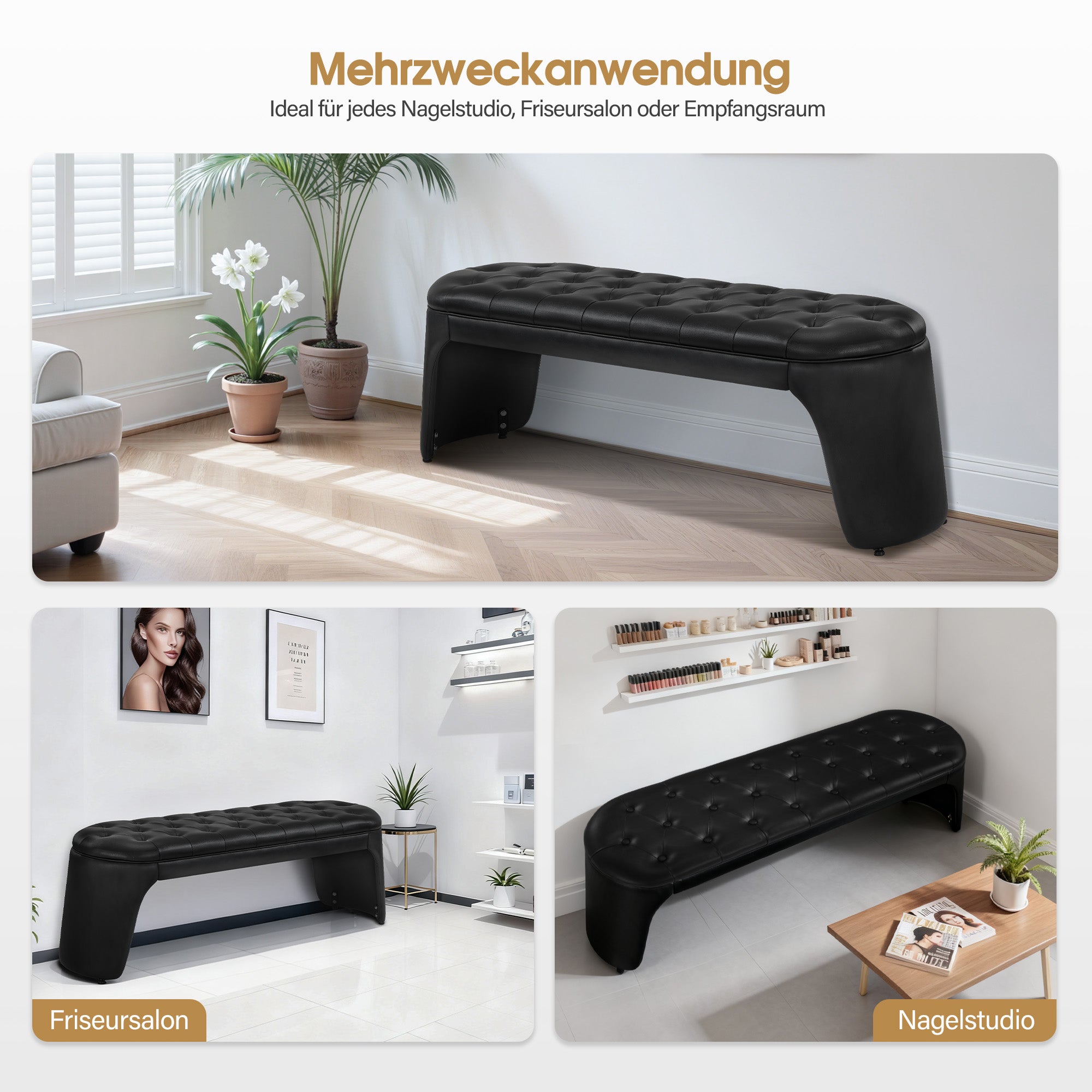 M MCombo  3-Sitzer Sitzbank, Sitzbreite 150 cm, Moderne Wartebank, Polsterbank Schlafzimmer, Bettbank für Wohnzimmer, Flurbank W510 (Schwarz/Kunstleder)
