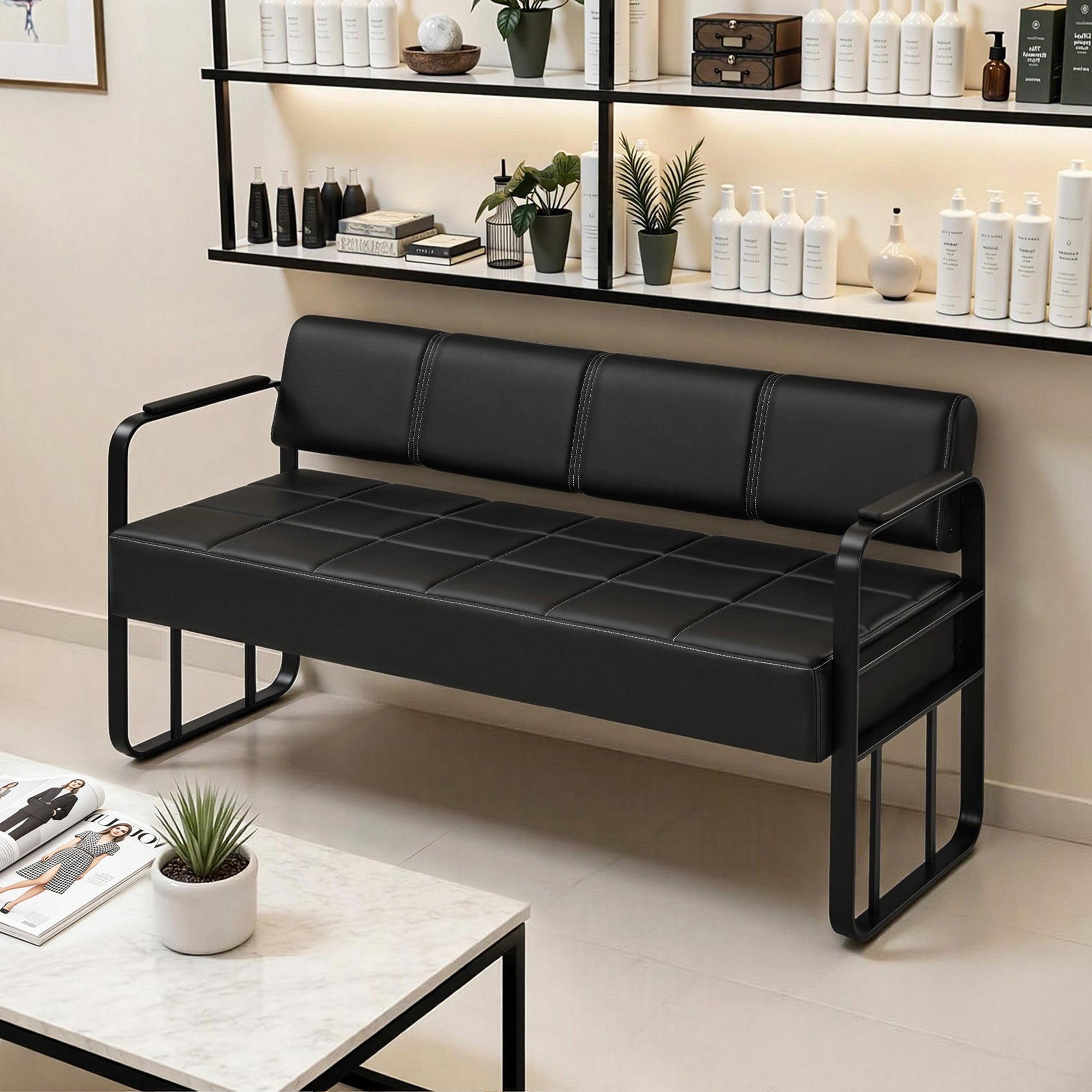 Banc 3 places MCombo avec accoudoirs dorés, banc rembourré avec dossier 140cm, banc d'attente coiffeur, banc de salon, meuble de coiffure L528 (noir-or/simili cuir)