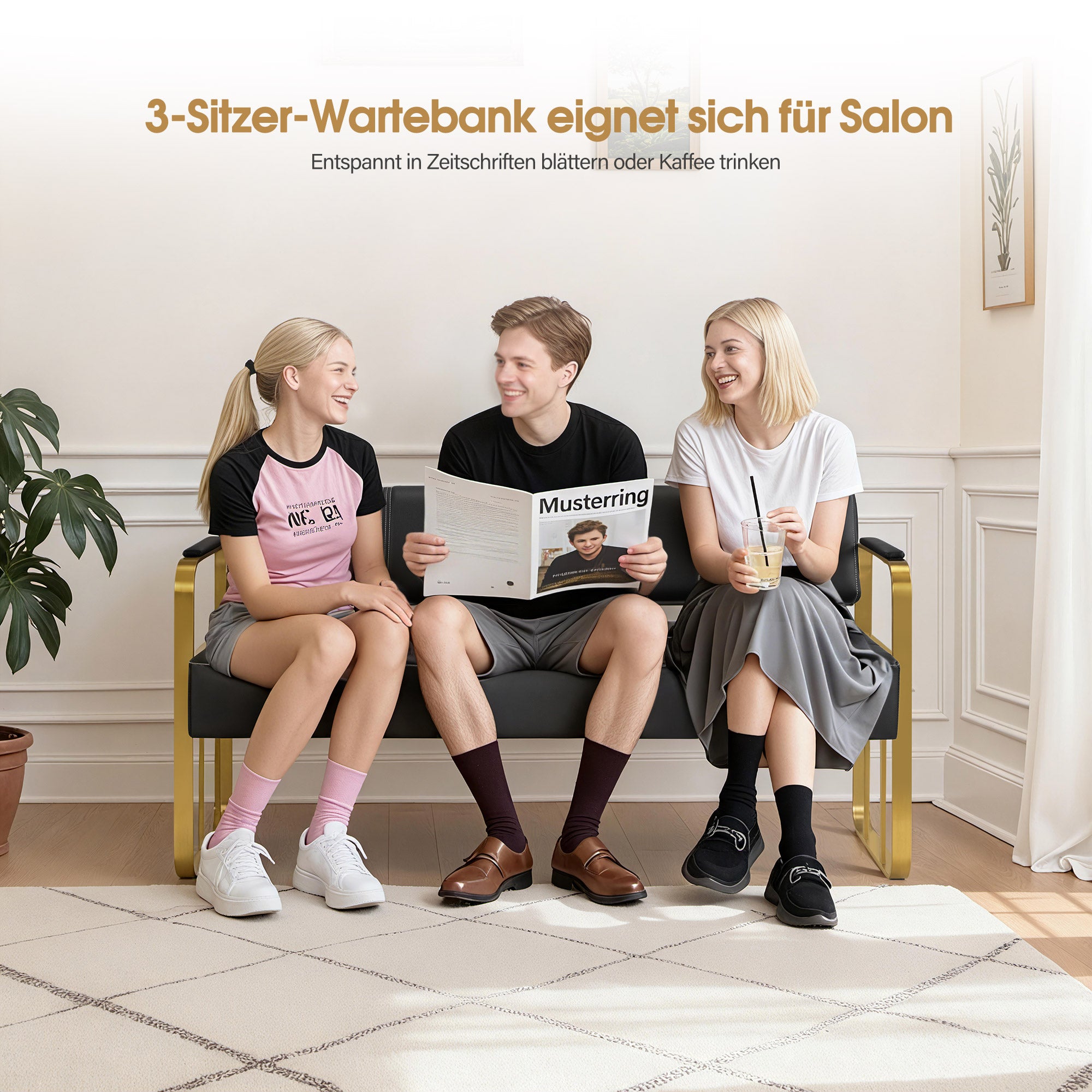 MCombo 3-Sitzer Sitzbank mit Armlehne, Polsterbank mit Rückenlehne, Wartebank, Wohnzimmerbank W528