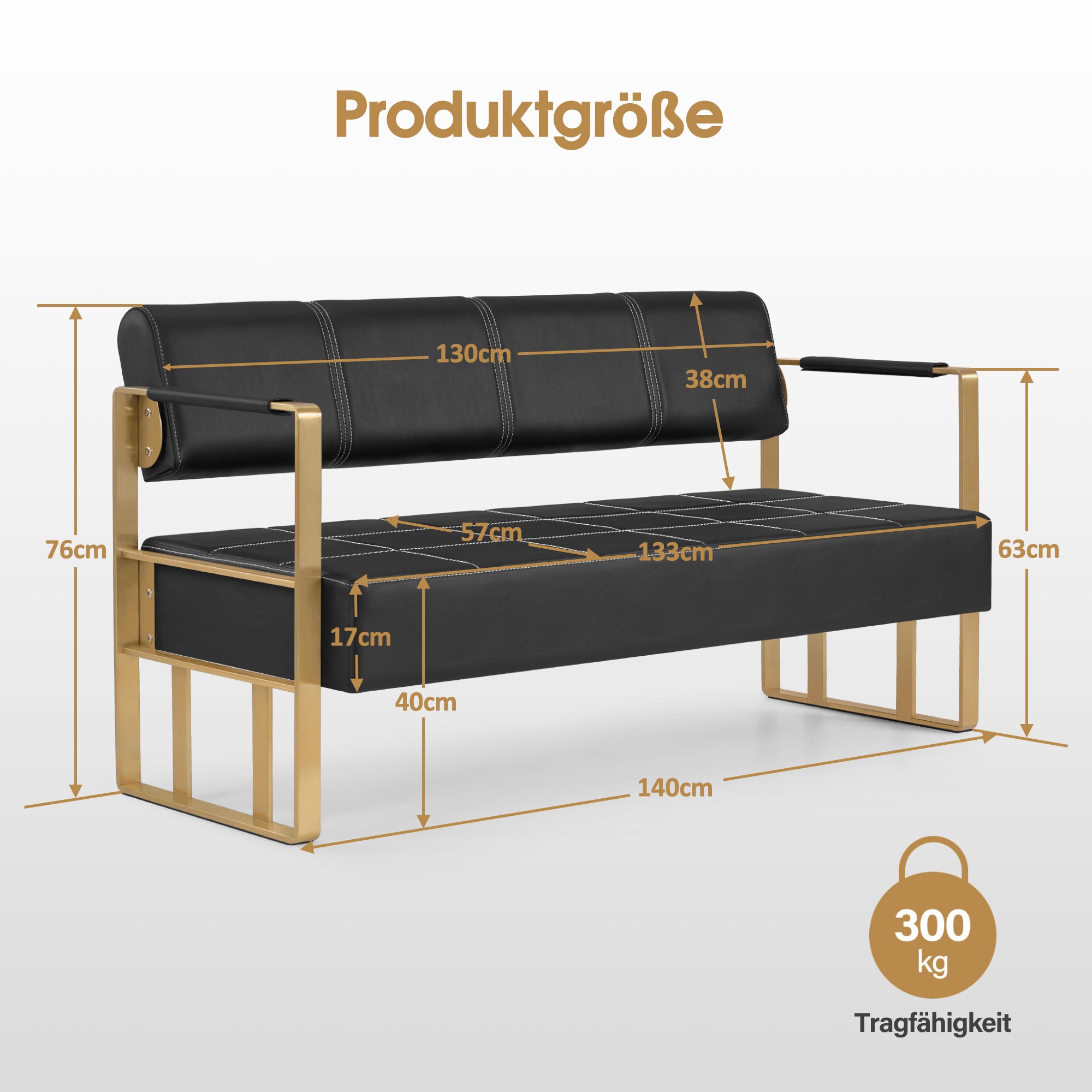 MCombo 3-Sitzer Sitzbank mit goldenen Armlehne, Polsterbank mit Rückenlehne 140cm, Wartebank Friseur, Wohnzimmerbank, Friseureinrichtung W528 (Schwarz-Gold/Kunstleder)