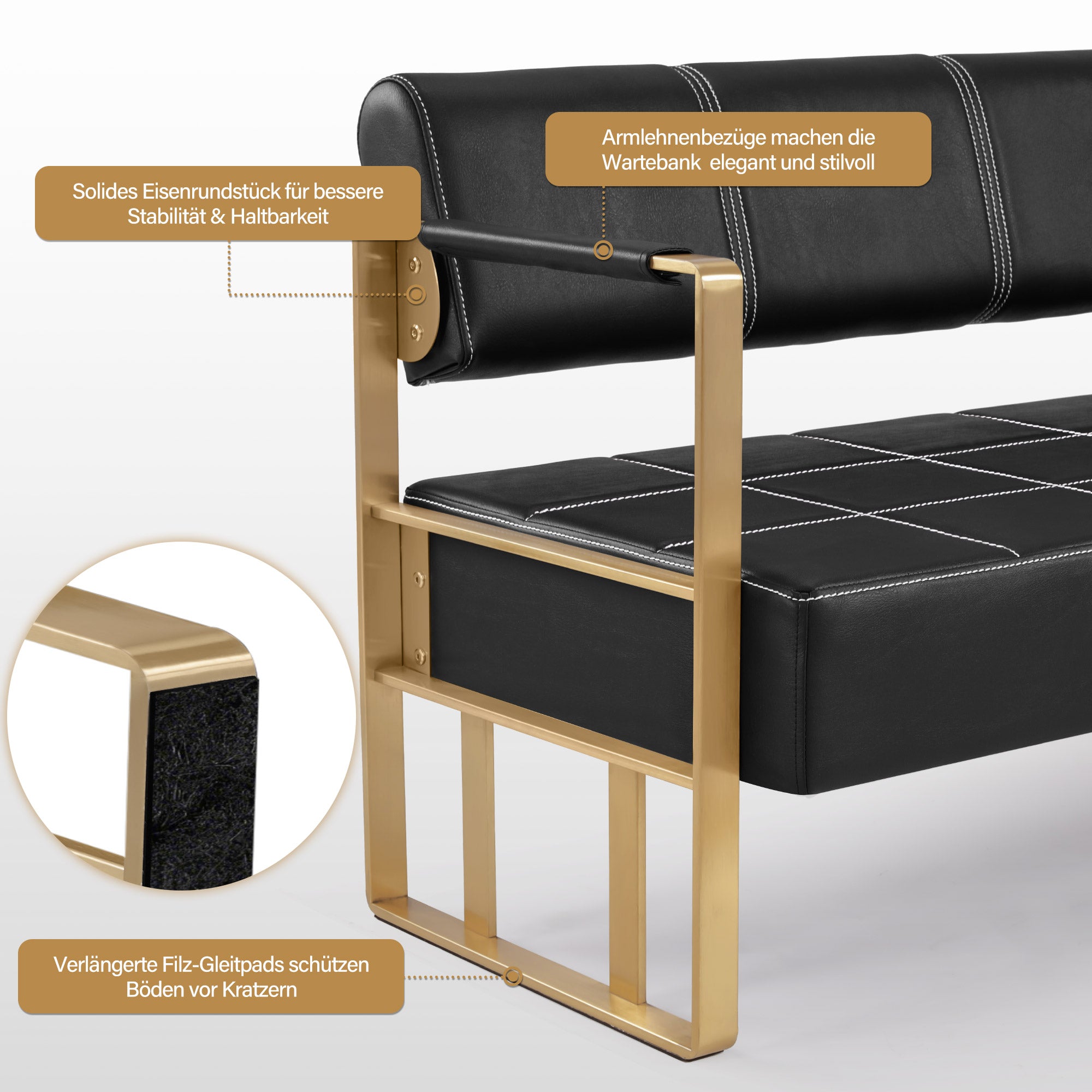 MCombo 3-Sitzer Sitzbank mit goldenen Armlehne, Polsterbank mit Rückenlehne 140cm, Wartebank Friseur, Wohnzimmerbank, Friseureinrichtung W528 (Schwarz-Gold/Kunstleder)