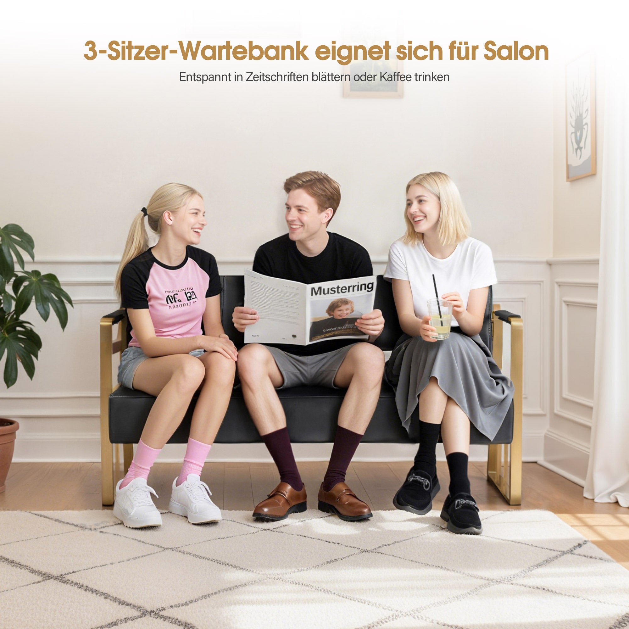 MCombo 3-Sitzer Sitzbank mit goldenen Armlehne, Polsterbank mit Rückenlehne 140cm, Wartebank Friseur, Wohnzimmerbank, Friseureinrichtung W528 (Schwarz-Gold/Kunstleder)