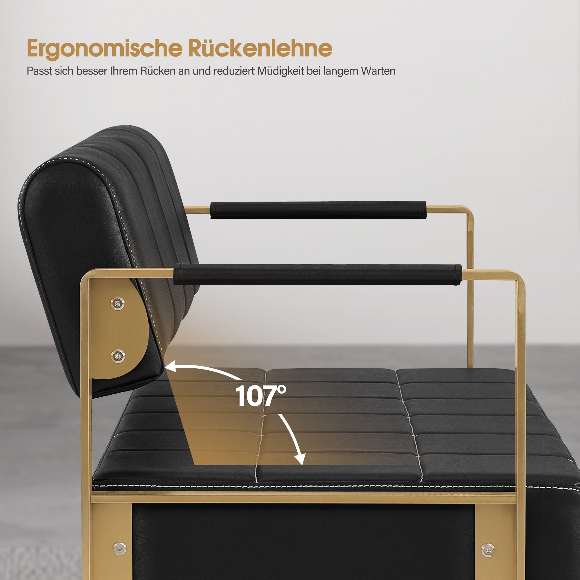 MCombo 3-Sitzer Sitzbank mit goldenen Armlehne, Polsterbank mit Rückenlehne 140cm, Wartebank Friseur, Wohnzimmerbank, Friseureinrichtung W528 (Schwarz-Gold/Kunstleder)
