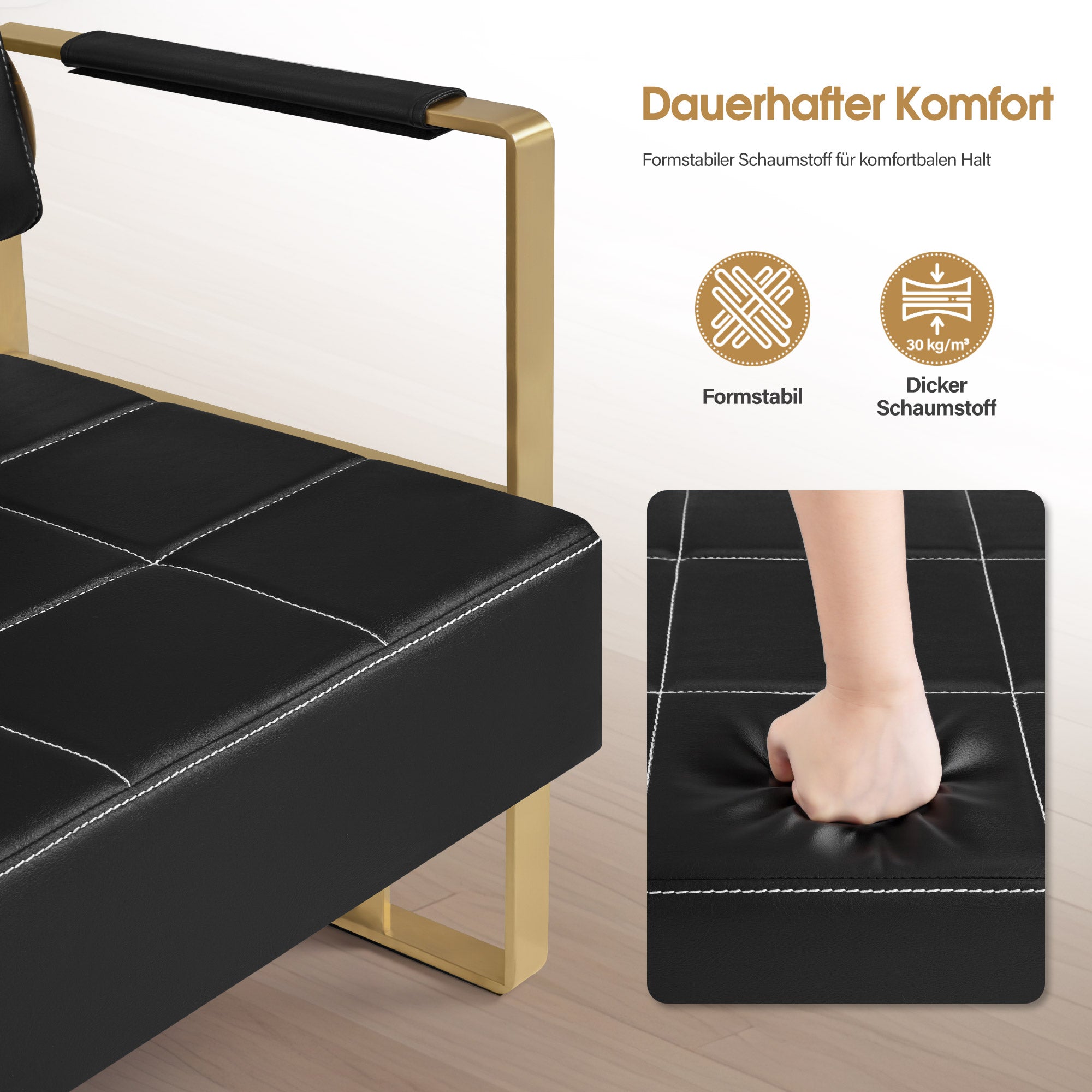 MCombo 3-Sitzer Sitzbank mit goldenen Armlehne, Polsterbank mit Rückenlehne 140cm, Wartebank Friseur, Wohnzimmerbank, Friseureinrichtung W528 (Schwarz-Gold/Kunstleder)