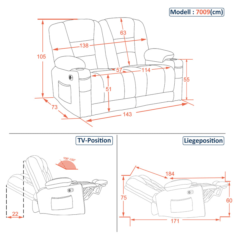M MCombo Elektrisch 2 Sitzer Sofa mit Schlaffunktion, 2er Relaxsofa mit Taste 150° Verstellbar, Kinosessel mit Liegefunktion, USB & Getränkehalter, 7009 (Grau)