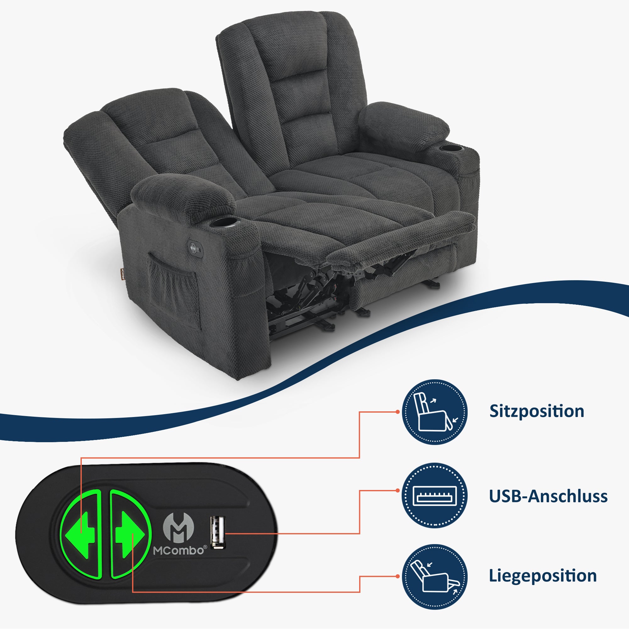 M MCombo Elektrisch 2 Sitzer Sofa mit Schlaffunktion, 2er Relaxsofa mit Taste 150° Verstellbar, Kinosessel mit Liegefunktion, USB & Getränkehalter, 7009 (Grau)