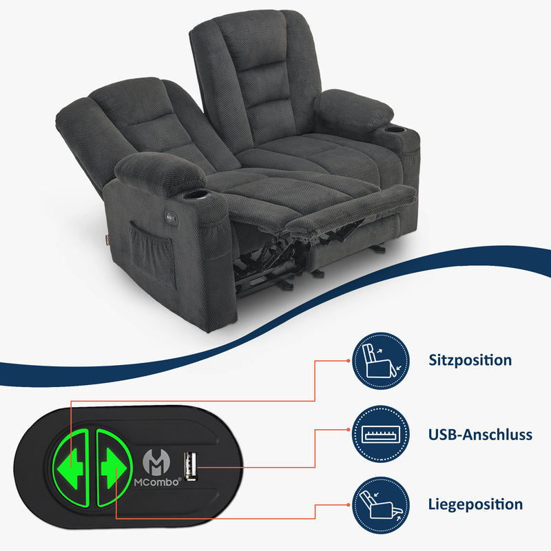 M MCombo Elektrisch 2 Sitzer Sofa mit Schlaffunktion, 2er Relaxsofa mit Taste 150° Verstellbar, Kinosessel mit Liegefunktion, USB & Getränkehalter, 7009 (Grau)