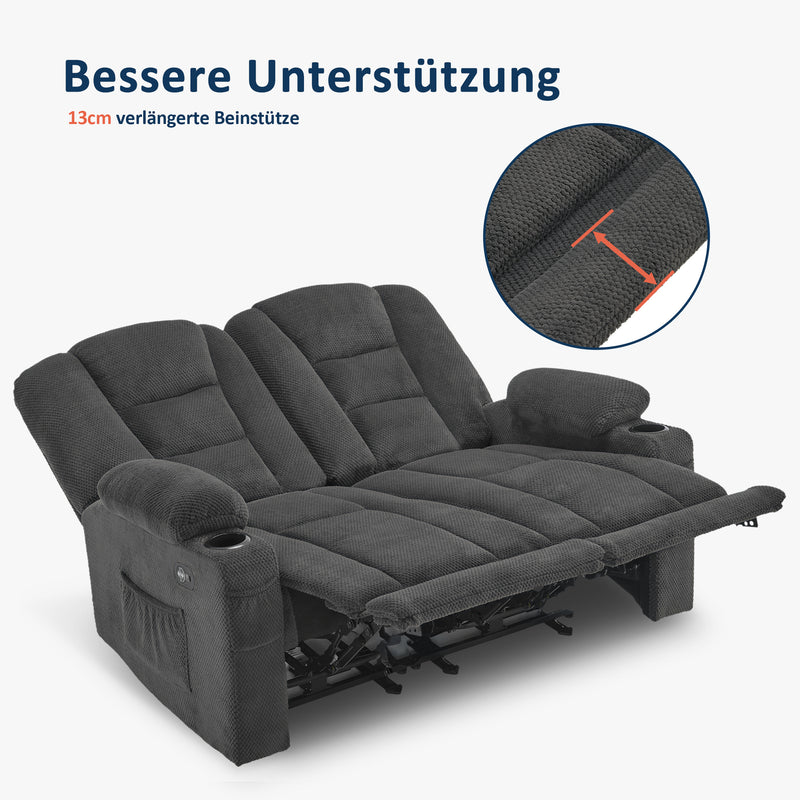 M MCombo Elektrisch 2 Sitzer Sofa mit Schlaffunktion, 2er Relaxsofa mit Taste 150° Verstellbar, Kinosessel mit Liegefunktion, USB & Getränkehalter, 7009 (Grau)