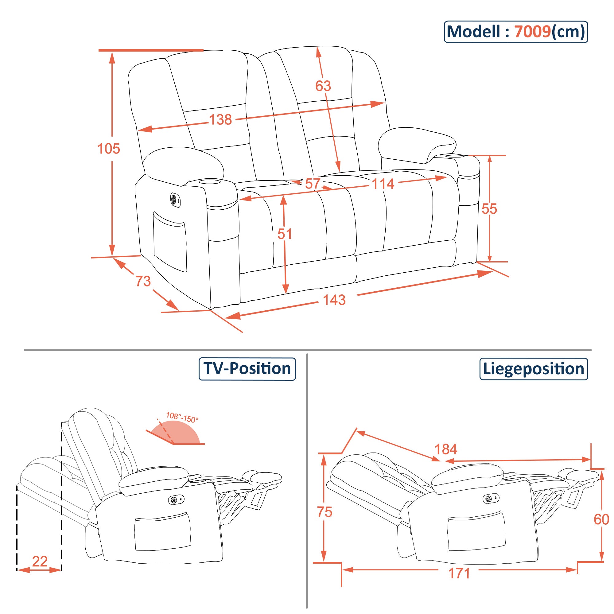 M MCombo Electric 2-seater sofa with sleep function, 2-seater recliner sofa with button 150° adjustment, cinema seat with reclining function, USB &amp; cup holder, 7009 (Gray) 
