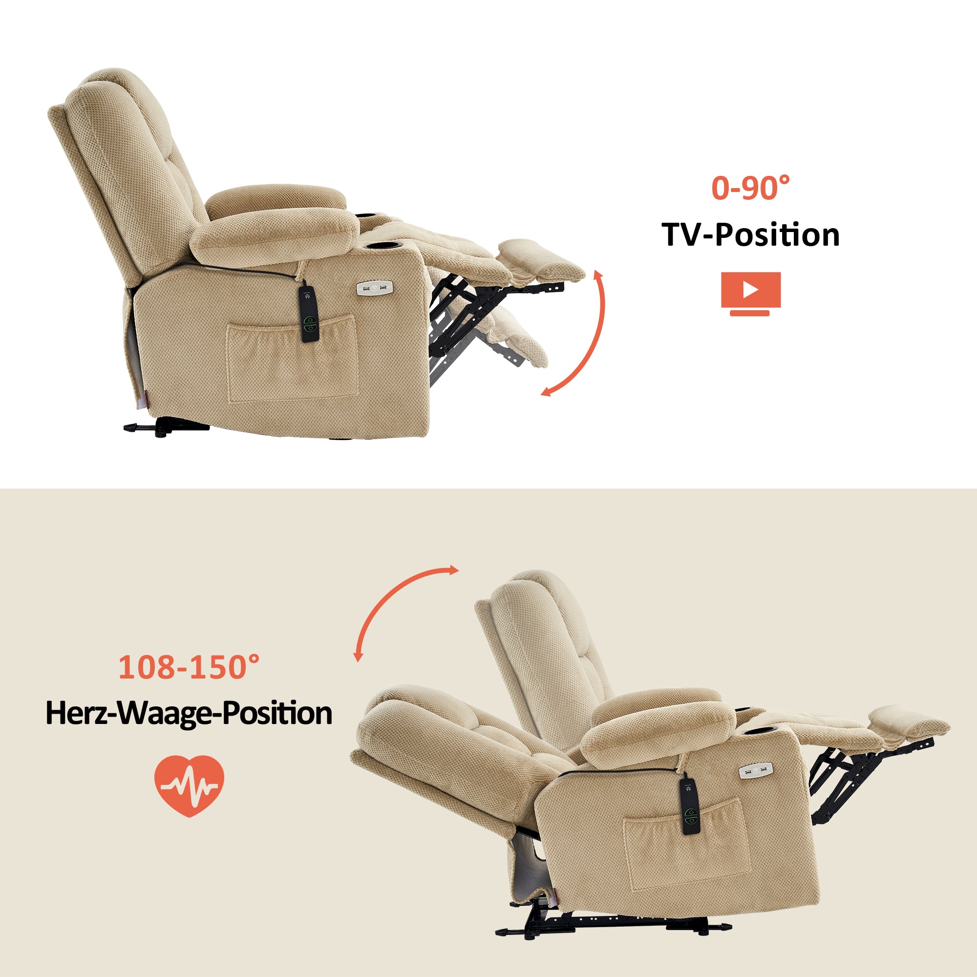 M MCombo TV armchair electrically adjustable 7008, relaxation armchair with reclining function, TV armchair with massage &amp; heat function, USB &amp; cup holder, living room 