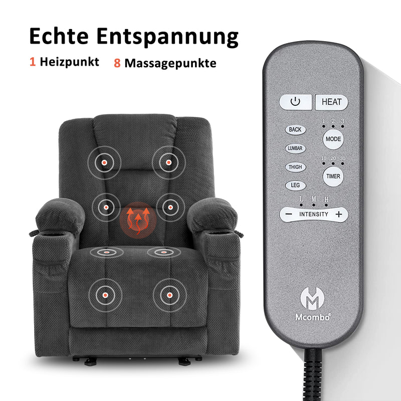 M MCombo Fernsehsessel elektrisch verstellbar 7008, Relaxsessel mit Liegefunktion, TV Sessel mit Massage & Wärmefunktion, USB & Getränkehalter, Wohnzimmer