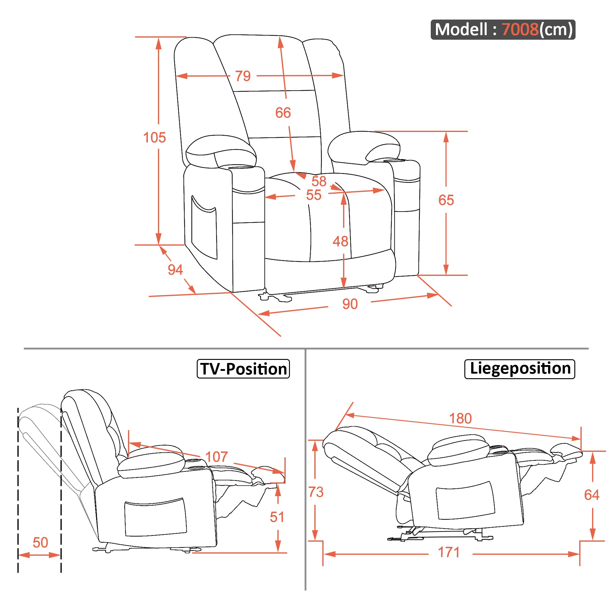 M MCombo TV armchair electrically adjustable 7008, relaxation armchair with reclining function, TV armchair with massage &amp; heat function, USB &amp; cup holder, living room 