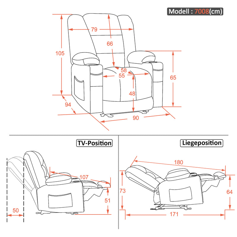 M MCombo Fernsehsessel elektrisch verstellbar 7008, Relaxsessel mit Liegefunktion, TV Sessel mit Massage & Wärmefunktion, USB & Getränkehalter, Wohnzimmer