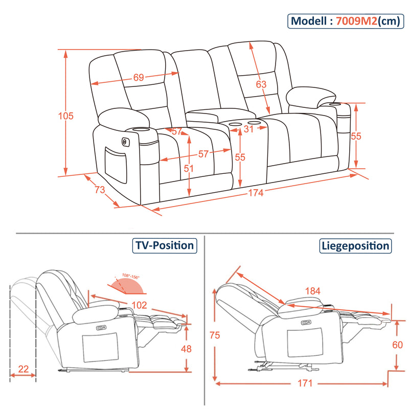 M MCombo Elektrisch 2 Sitzer Sofa mit Schlaffunktion, 2er Relaxsofa mit Taste 150° Verstellbar, Kinosessel mit Liegefunktion, USB & Getränkehalter, 7009 (Grau)