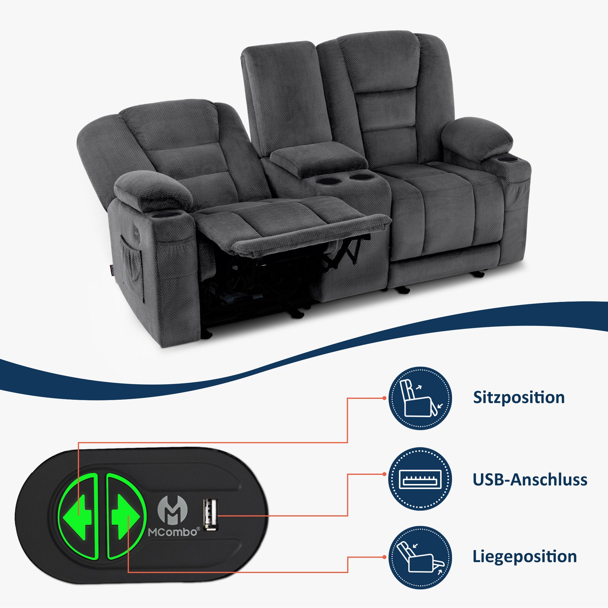 M MCombo Electric 2-seater sofa with sleep function, 2-seater recliner sofa with button 150° adjustment, cinema seat with reclining function, USB &amp; cup holder, 7009 (Gray) 