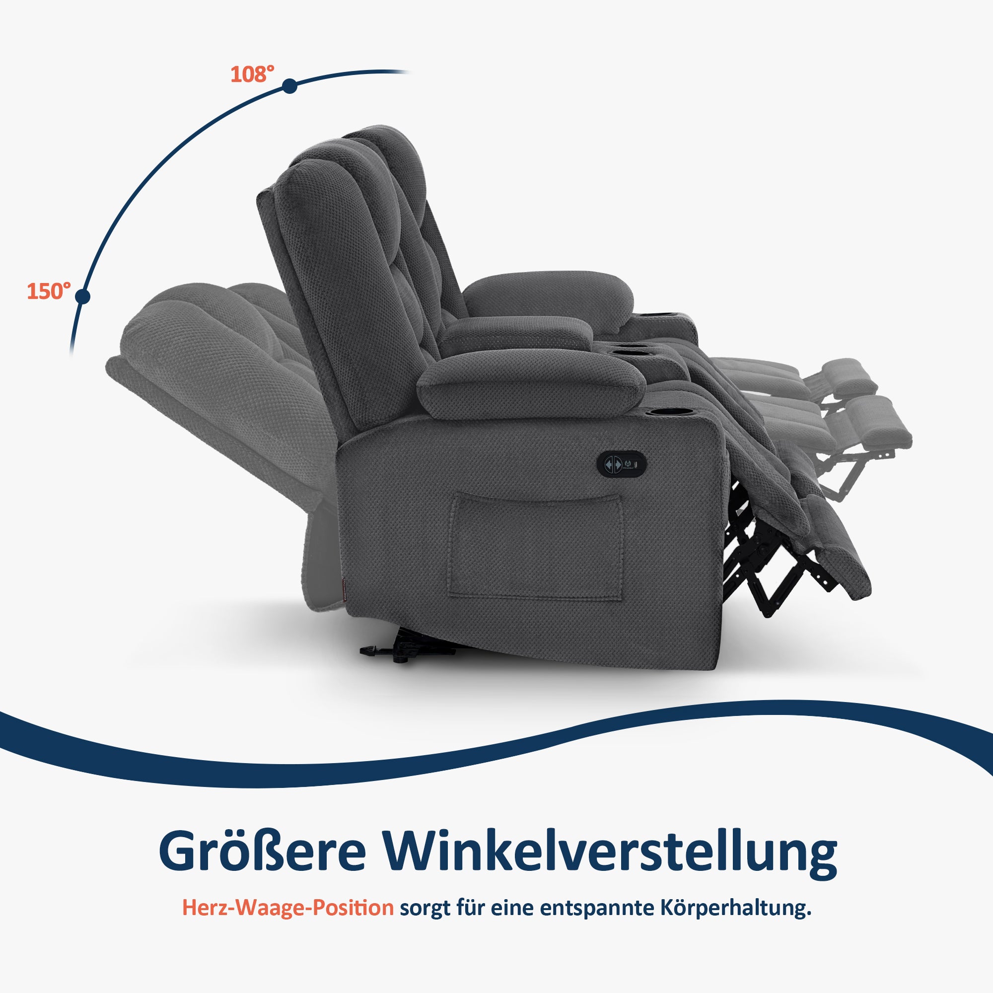 M MCombo Elektrisch 2 Sitzer Sofa mit Schlaffunktion, 2er Relaxsofa mit Taste 150° Verstellbar, Kinosessel mit Liegefunktion, USB & Getränkehalter, 7009 (Grau)