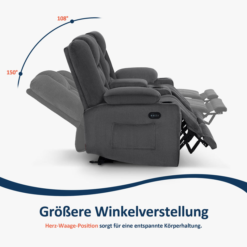 M MCombo Elektrisch 2 Sitzer Sofa mit Schlaffunktion, 2er Relaxsofa mit Taste 150° Verstellbar, Kinosessel mit Liegefunktion, USB & Getränkehalter, 7009 (Grau)