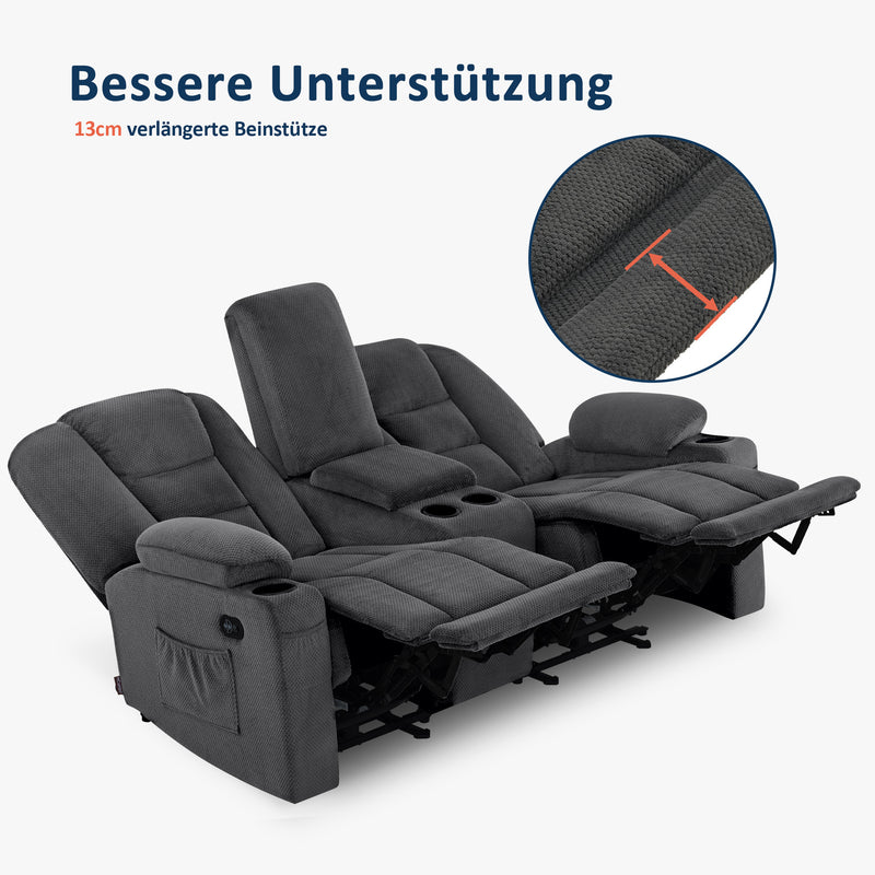 M MCombo Elektrisch 2 Sitzer Sofa mit Schlaffunktion, 2er Relaxsofa mit Taste 150° Verstellbar, Kinosessel mit Liegefunktion, USB & Getränkehalter, 7009 (Grau)