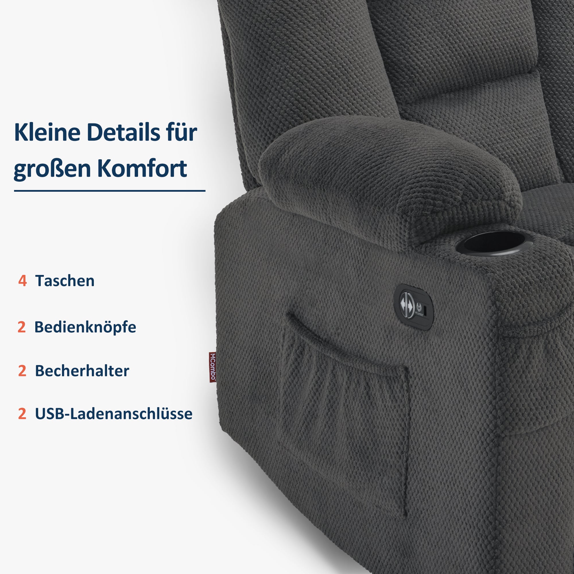 M MCombo Elektrisch 2 Sitzer Sofa mit Schlaffunktion, 2er Relaxsofa mit Taste 150° Verstellbar, Kinosessel mit Liegefunktion, USB & Getränkehalter, 7009 (Grau)