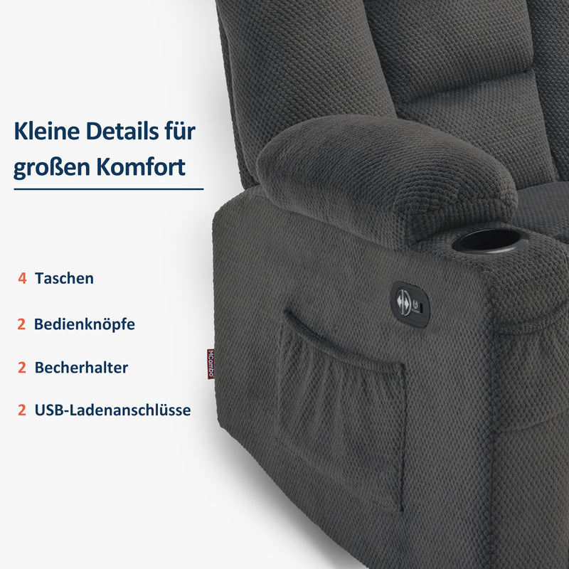 M MCombo Elektrisch 2 Sitzer Sofa mit Schlaffunktion, 2er Relaxsofa mit Taste 150° Verstellbar, Kinosessel mit Liegefunktion, USB & Getränkehalter, 7009 (Grau)