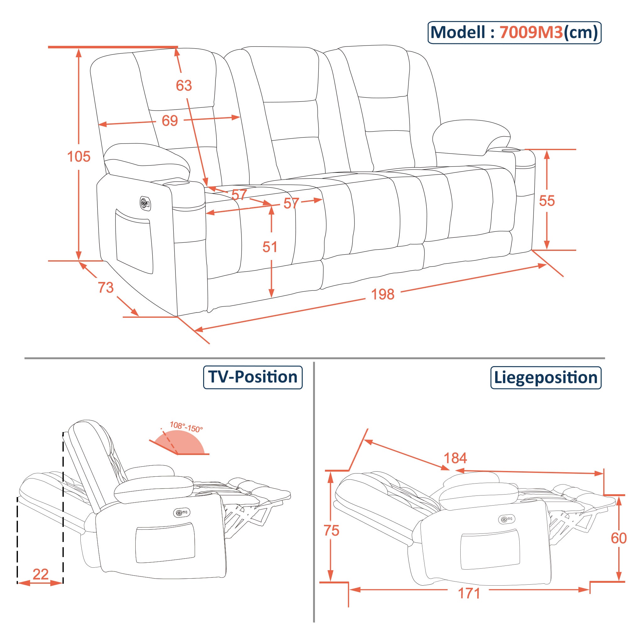 M MCombo Elektrisch Sofa mit Schlaffunktion, 2er/3er Relaxsofa mit Taste 150° Verstellbar, Kinosessel mit Liegefunktion, USB & Getränkehalter, 7009 (Grau)