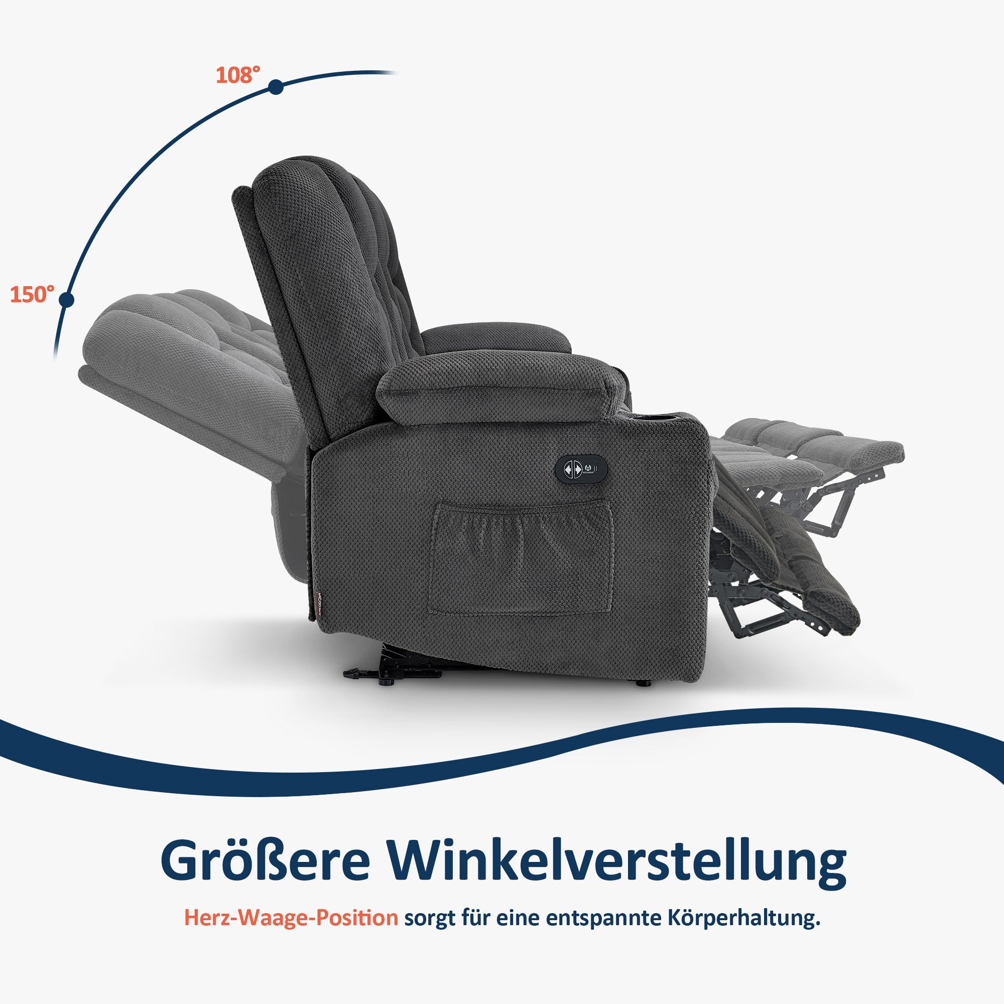 M MCombo Elektrisch Sofa mit Schlaffunktion, 2er/3er Relaxsofa mit Taste 150° Verstellbar, Kinosessel mit Liegefunktion, USB & Getränkehalter, 7009 (Grau)