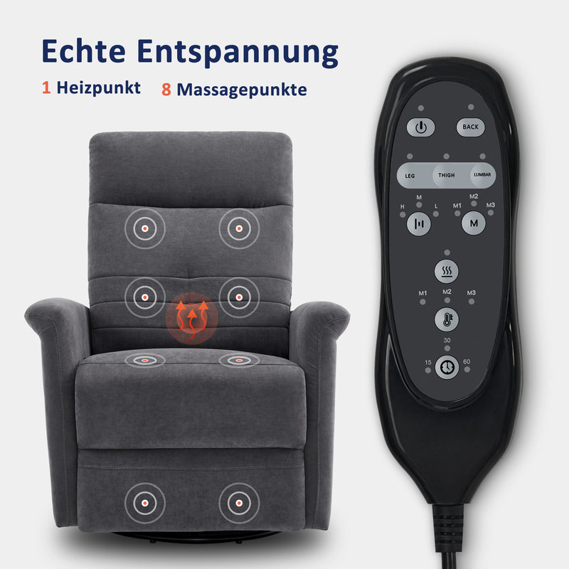 M MCombo Relaxsessel Fernsehsessel mit Liegefunktion Manuell, Massagesessel mit Wärmefunktion, TV Sessel mit Wippfunktion & Drehfunktion, 270° Drehbar, Wohnzimmer Schlafzimmer, 7013 (Dunkelgrau)