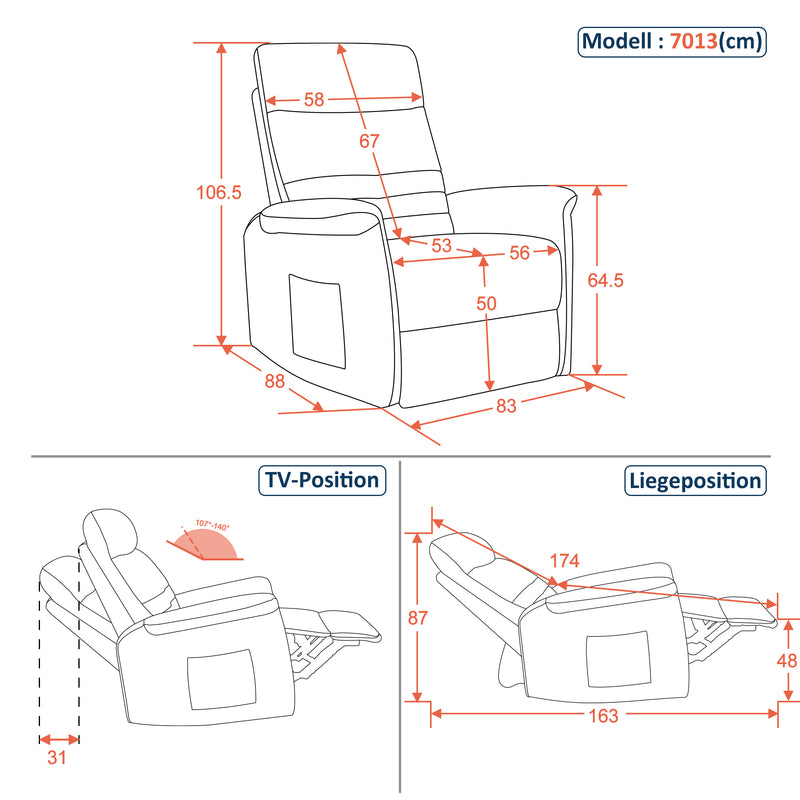 M MCombo Relaxsessel Fernsehsessel mit Liegefunktion Manuell, Massagesessel mit Wärmefunktion, TV Sessel mit Wippfunktion & Drehfunktion, 270° Drehbar, Wohnzimmer Schlafzimmer, 7013