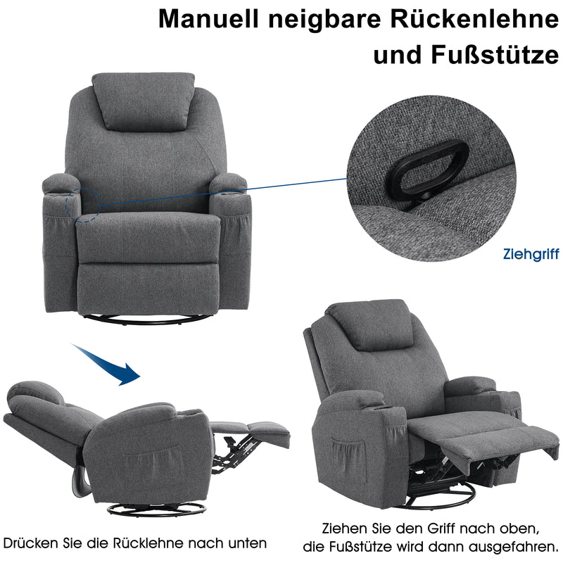 M MCombo Massagesessel Fernsehsessel Relaxsessel 7020, mit Heizung, Dreh 360° Schaukel, manuell verstellbar (Schwarz-Kunstleder/Grau-Stoff/Dunkelgrau- Mikrofaser)