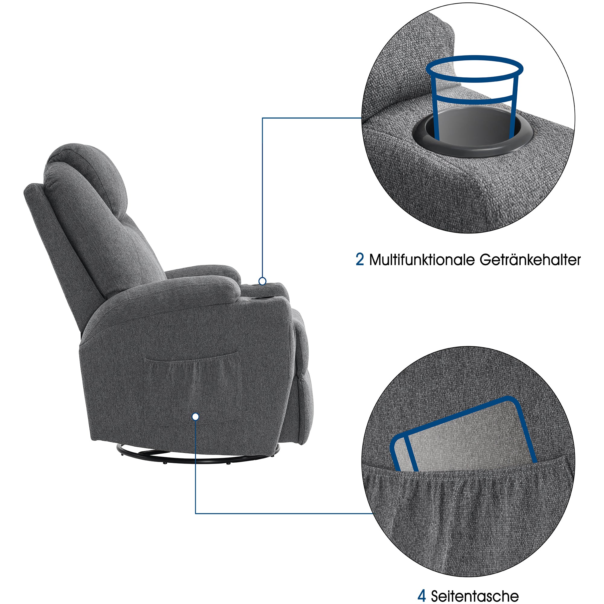 M MCombo massage chair, TV chair, relaxation chair 7020, with heating, 360° swivel swing, manually adjustable (black faux leather/grey fabric/dark gray microfibre) 