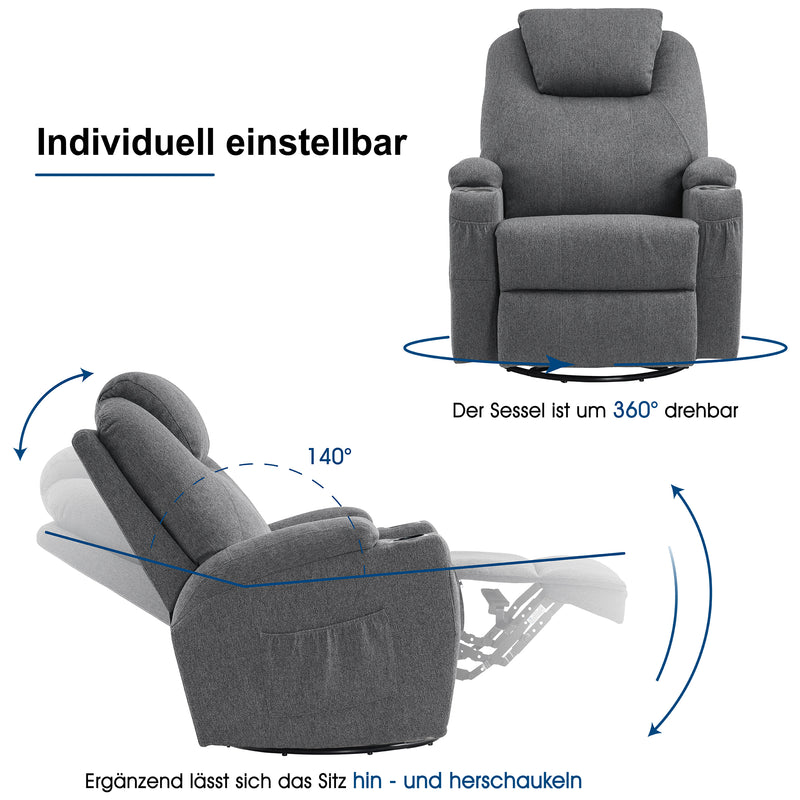 M MCombo Massagesessel Fernsehsessel Relaxsessel 7020, mit Heizung, Dreh 360° Schaukel, manuell verstellbar (Schwarz-Kunstleder/Grau-Stoff/Dunkelgrau- Mikrofaser)