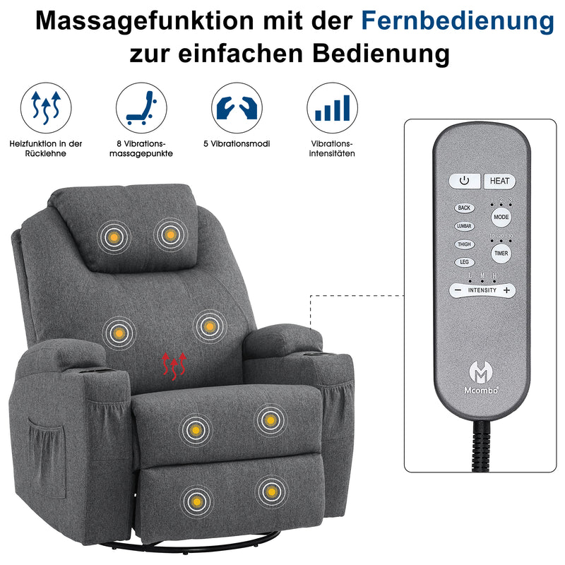 M MCombo Massagesessel Fernsehsessel Relaxsessel 7020, mit Heizung, Dreh 360° Schaukel, manuell verstellbar (Schwarz-Kunstleder/Grau-Stoff/Dunkelgrau- Mikrofaser)