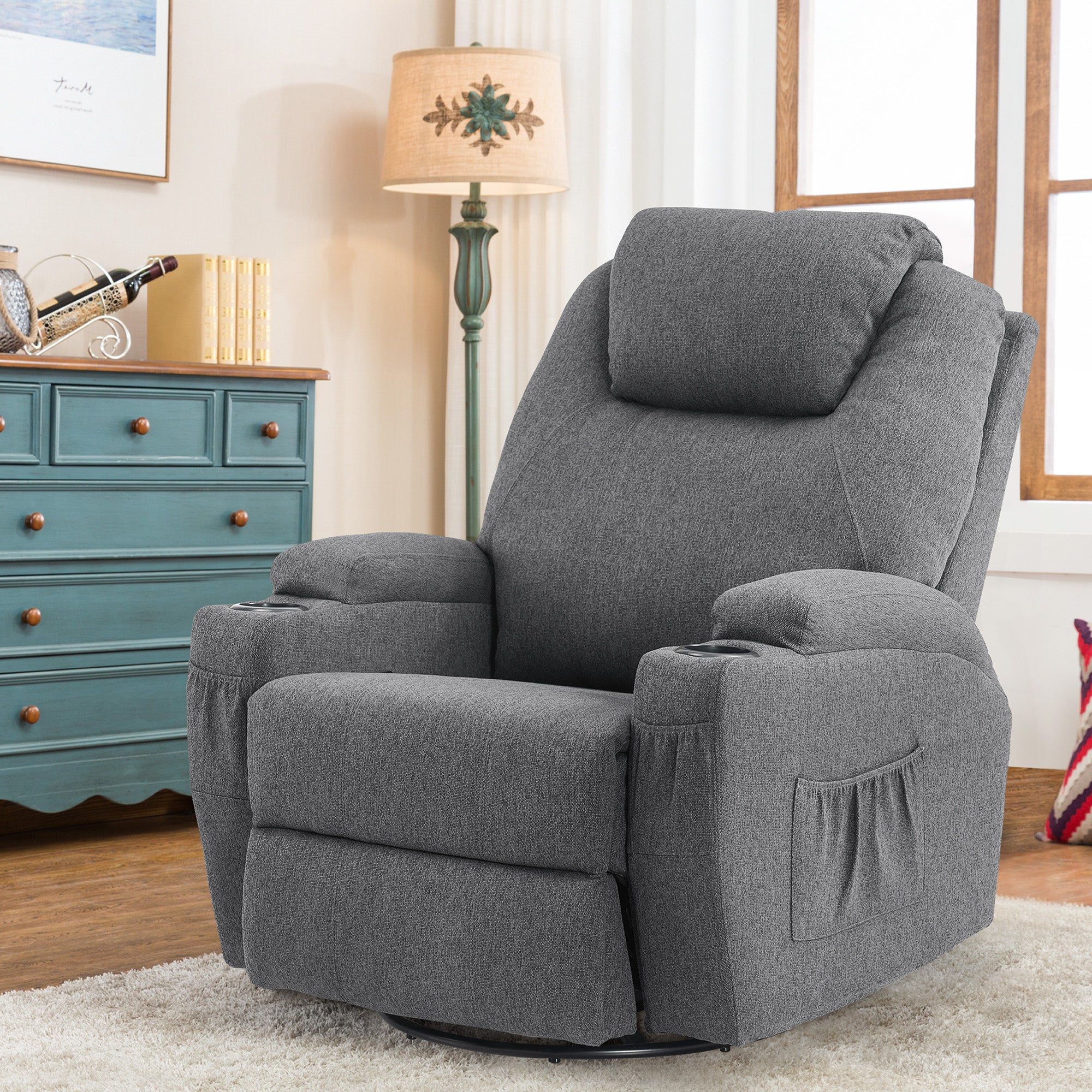 M MCombo massage chair, TV chair, relaxation chair 7020, with heating, 360° swivel swing, manually adjustable (black faux leather/grey fabric/dark gray microfibre) 