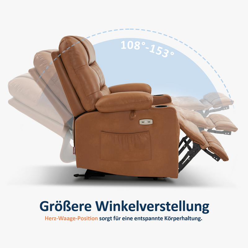 M MCombo Relaxsessel mit Liegefunktion, Fernsehsessel elektrisch verstellbar, TV Sessel, Recliner Chair, atmungsaktiver Kunstleder, USB & Getränkehalter, Wohnzimmer, Braun 7033