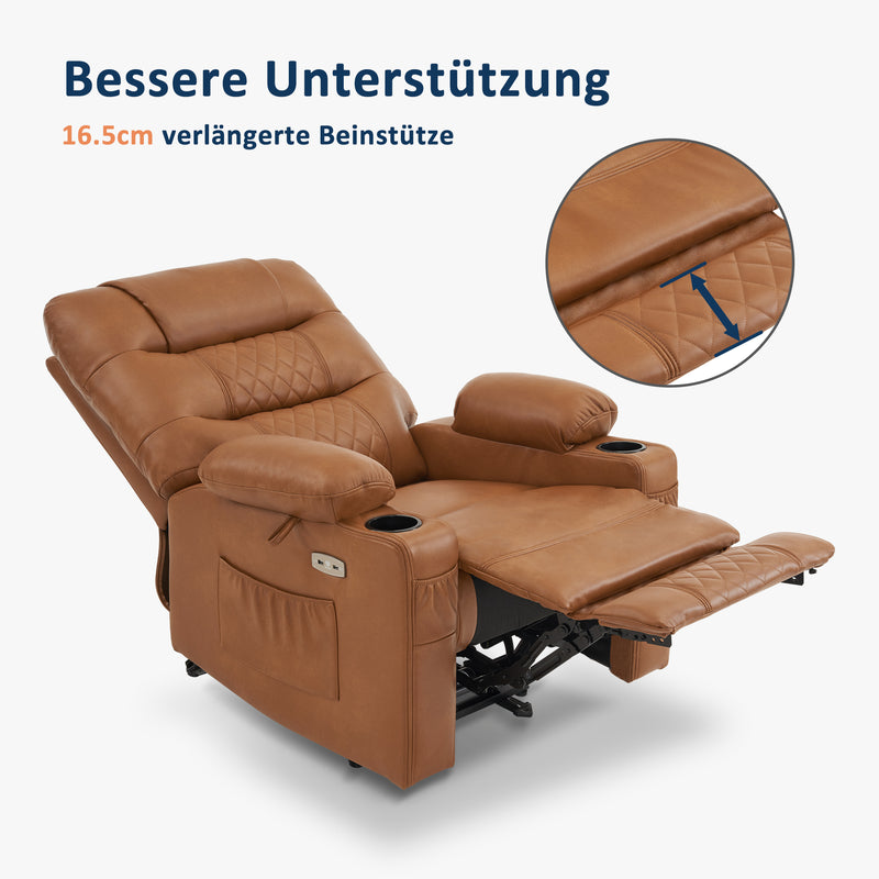 M MCombo Relaxsessel mit Liegefunktion, Fernsehsessel elektrisch verstellbar, TV Sessel, Recliner Chair, atmungsaktiver Kunstleder, USB & Getränkehalter, Wohnzimmer, Braun 7033