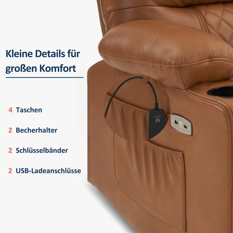 M MCombo Relaxsessel mit Liegefunktion, Fernsehsessel elektrisch verstellbar, TV Sessel, Recliner Chair, atmungsaktiver Kunstleder, USB & Getränkehalter, Wohnzimmer, Braun 7033