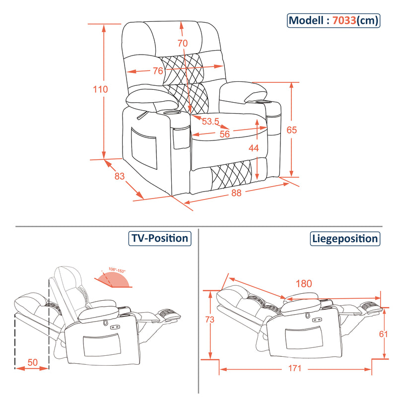 M MCombo Relaxsessel mit Liegefunktion, Fernsehsessel elektrisch verstellbar, TV Sessel, Recliner Chair, atmungsaktiver Kunstleder, USB & Getränkehalter, Wohnzimmer, Braun 7033