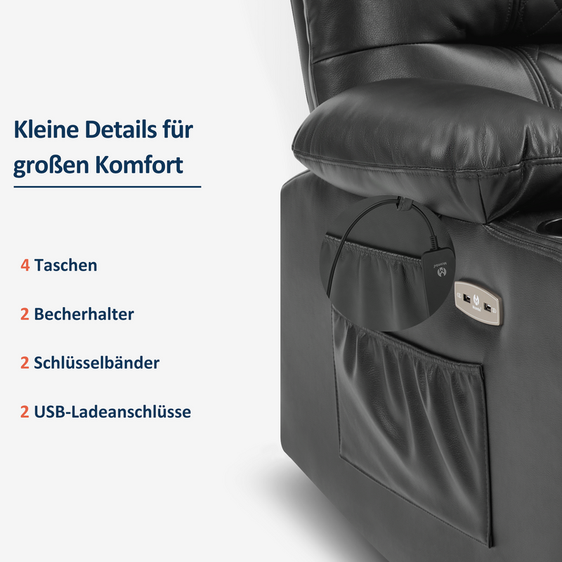 M MCombo Relaxsessel mit Liegefunktion, Fernsehsessel elektrisch verstellbar, TV Sessel, Recliner Chair, atmungsaktiver Kunstleder, USB & Getränkehalter, Wohnzimmer, Braun 7033