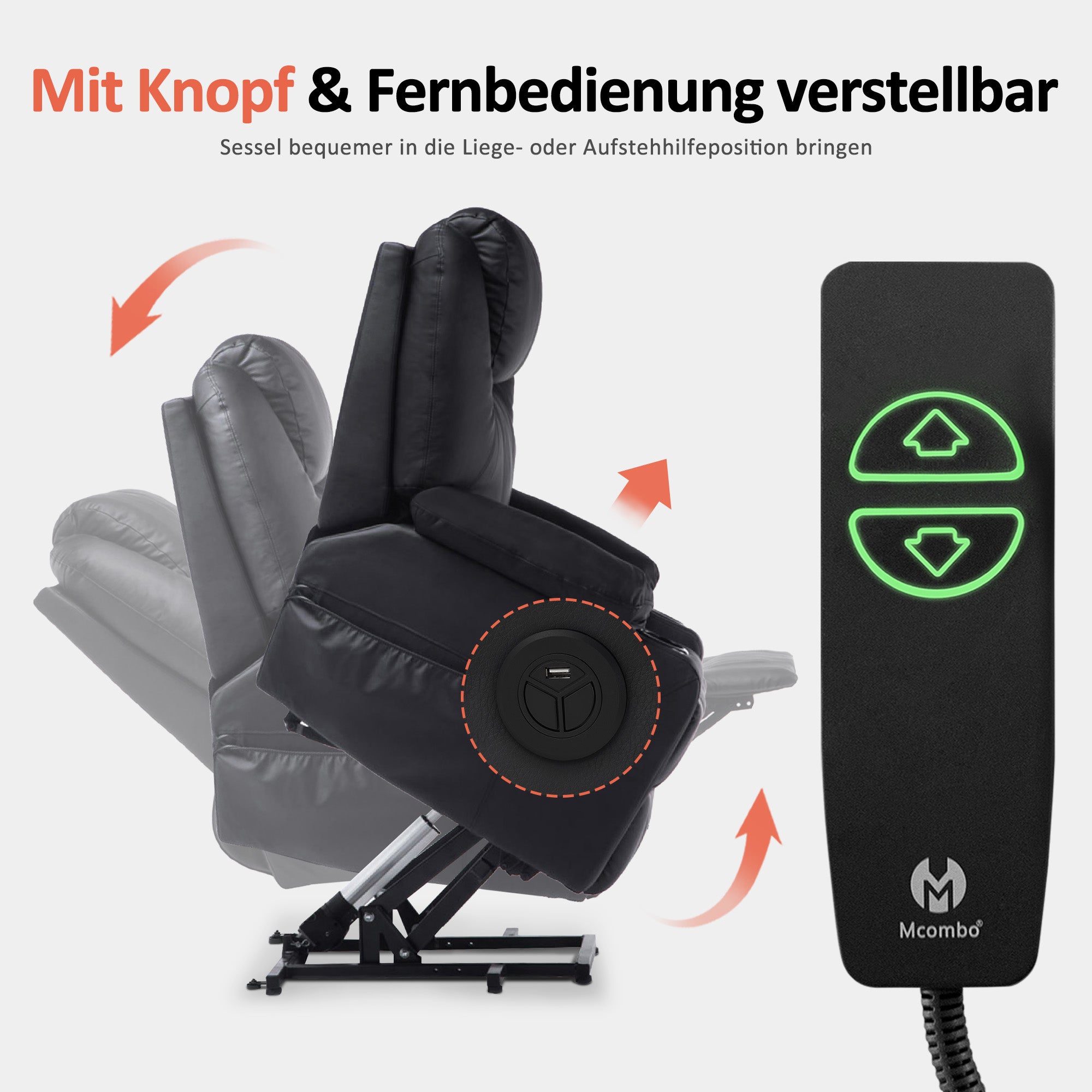 M MCombo Fernsehsessel mit Aufstehhilfe Elektrisch, Relaxsessel mit Liegefunktion bis 140°, Massagesessel mit Wärmefunktion, Knopf & Fernbedienung Verstellbar, mit USB, 7040