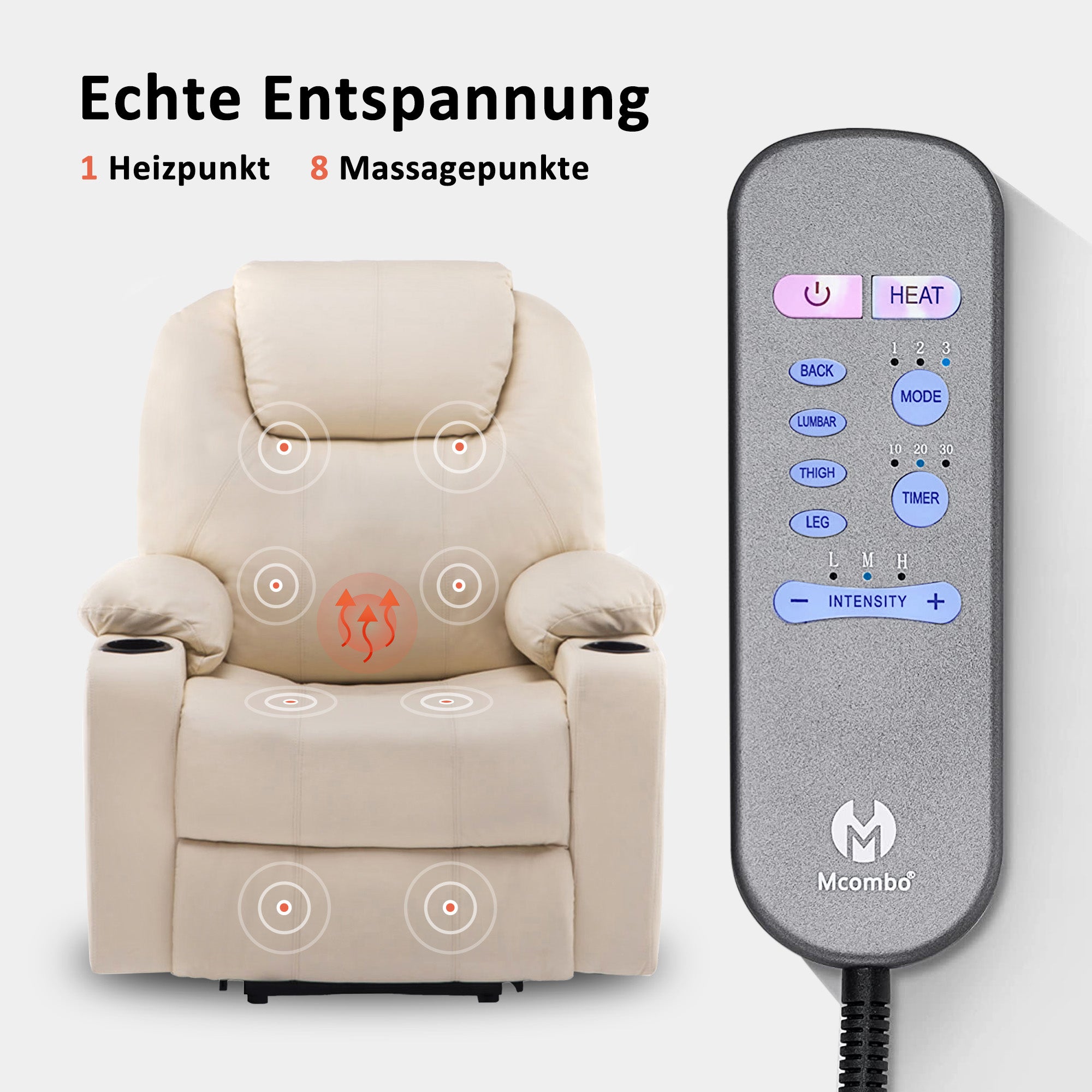 M MCombo Fernsehsessel mit Aufstehhilfe Elektrisch, Relaxsessel mit Liegefunktion bis 140°, Massagesessel mit Wärmefunktion, Knopf & Fernbedienung Verstellbar, mit USB, 7040