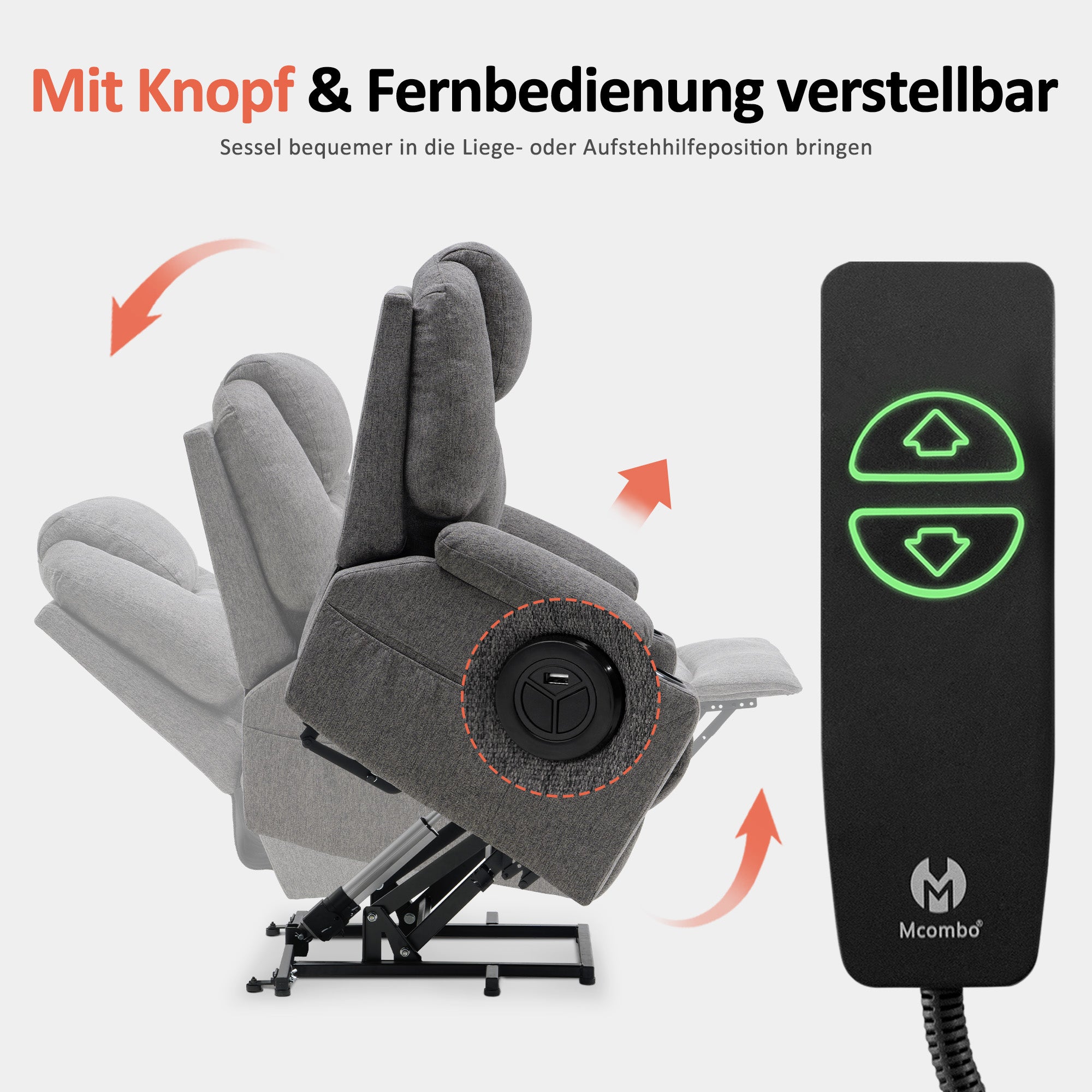 M MCombo Fernsehsessel mit Aufstehhilfe Elektrisch, Relaxsessel mit Liegefunktion bis 140°, Massagesessel mit Wärmefunktion, Knopf & Fernbedienung Verstellbar, mit USB, 7040