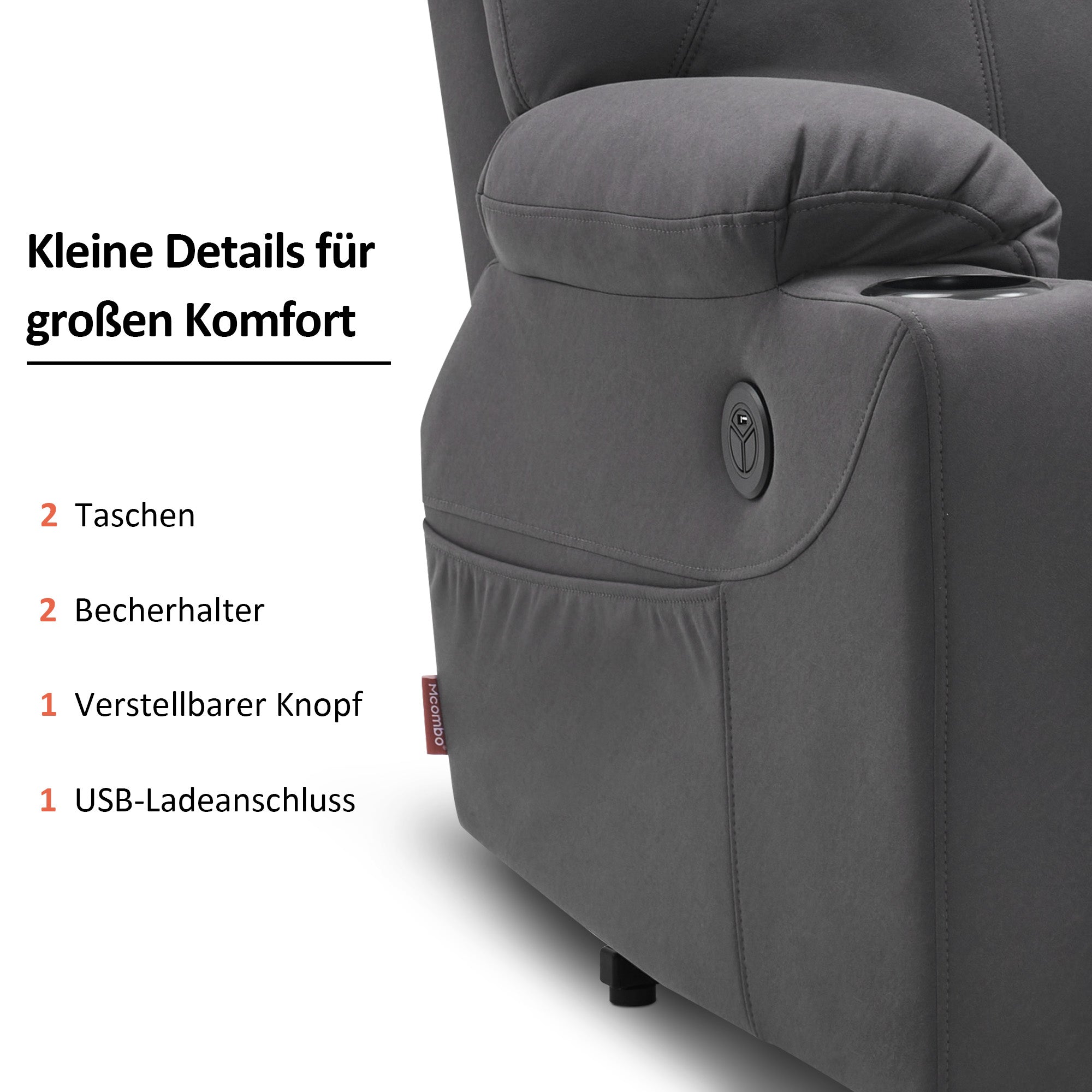 M MCombo Fernsehsessel mit Aufstehhilfe Elektrisch, Relaxsessel mit Liegefunktion bis 140°, Massagesessel mit Wärmefunktion, Knopf & Fernbedienung Verstellbar, mit USB, 7040