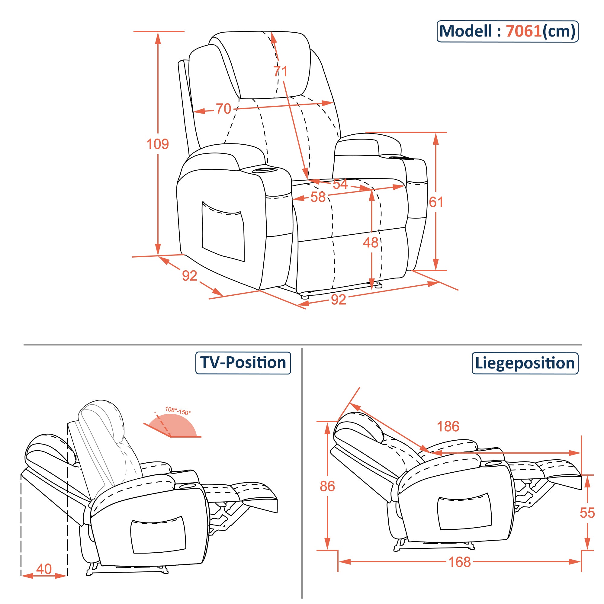 MCombo Elektrisch Relaxsessel Massagesessel Fernsehsessel Liegefunktion Vibration Heizung 7061